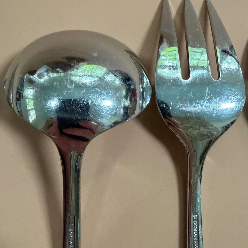 Gorham Colonial Tipt Glossy Stainless Hostess Serving Set Forks Ladle Spoon 5pc